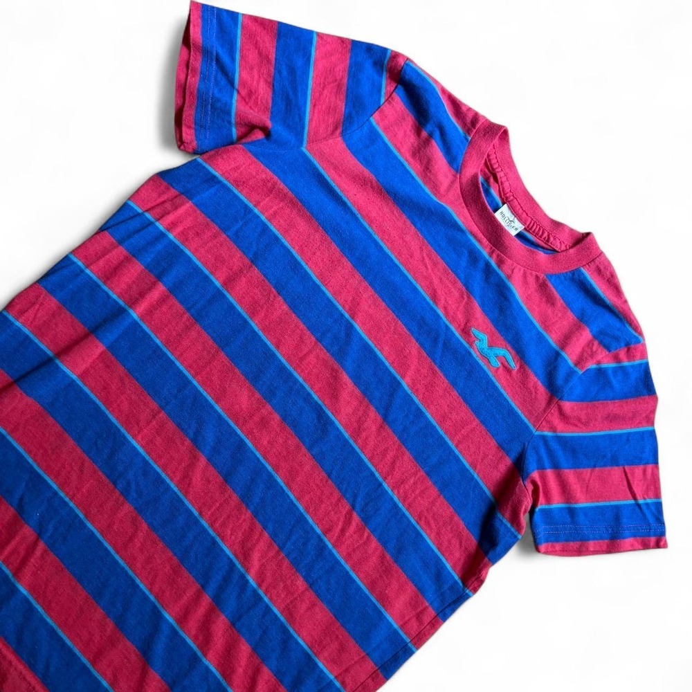 Hollister Vintage Striped Embroidered Logo T-Shirt Red Blue XL Mens Short Sleeve